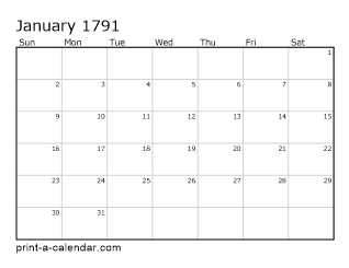 1791 Monthly Calendar