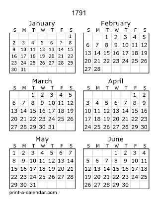 1791 Two Page Yearly Calendar | Six months per page