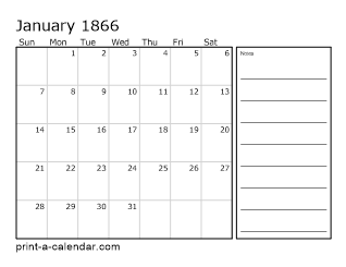 1866 Monthly Calendar with Notes
