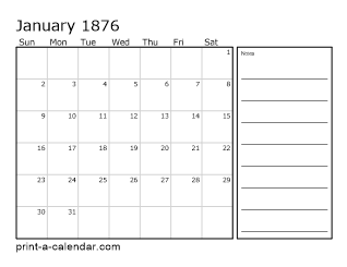 1876 Monthly Calendar with Notes