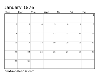 1876 Monthly Calendar