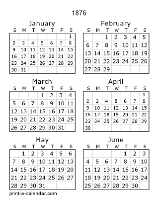 1876 Two Page Yearly Calendar | Six months per page