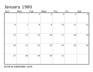1980 Monthly Calendar