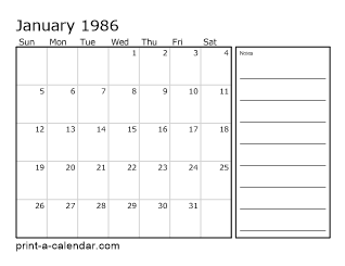 1986 Monthly Calendar with Notes