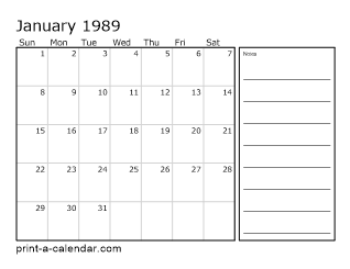 1989 Monthly Calendar with Notes