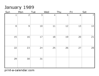 1989 Monthly Calendar