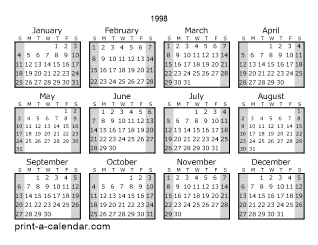 1998 Yearly Calendar (Style 1)