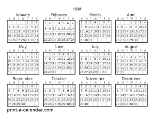 1998 Yearly Calendar | One page Calendar