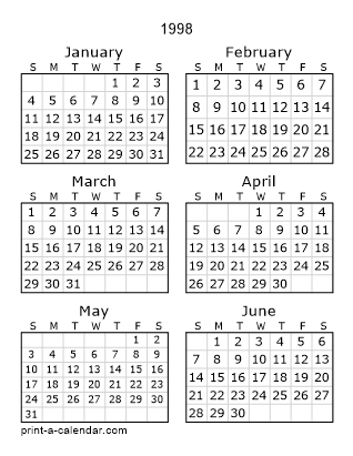 1998 Two Page Yearly Calendar | Six months per page