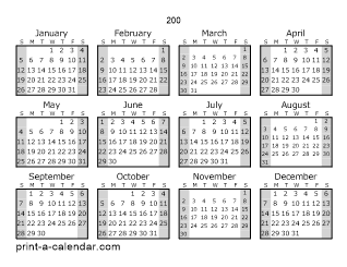 200 Yearly Calendar (Style 1)