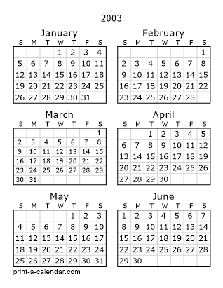 2003 Two Page Yearly Calendar | Six months per page