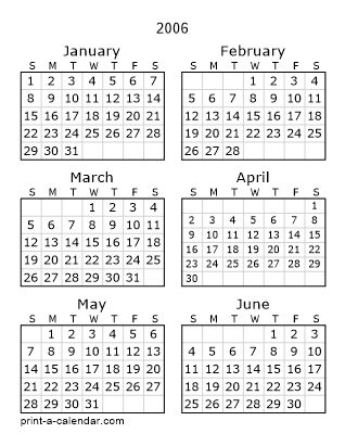 2006 Two Page Yearly Calendar | Six months per page