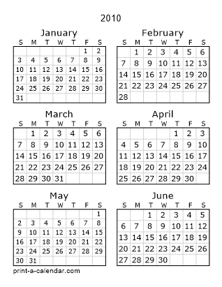 2010 Two Page Yearly Calendar | Six months per page