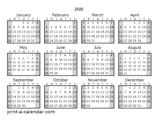 2020 Yearly Calendar (Style 1)