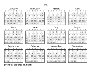 205 Yearly Calendar | One page Calendar