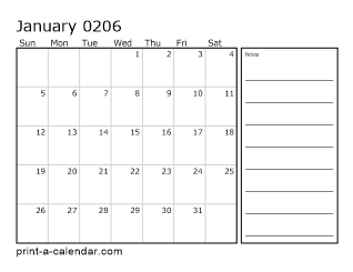 206 Monthly Calendar with Notes