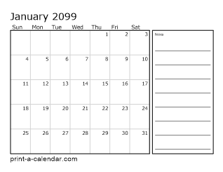 2099 Monthly Calendar with Notes