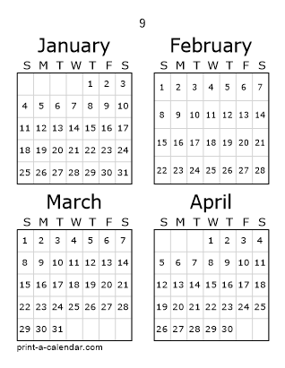 9 Three Page Yearly Calendar | Four months per page