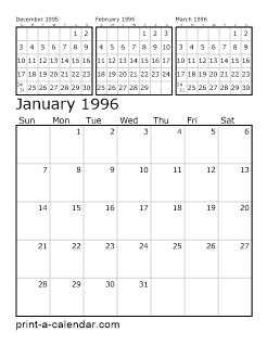 December 1996 Monthly Calendar (PDF, Word, Excel)