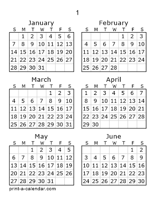 1 Two Page Yearly Calendar | Six months per page