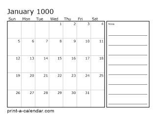 1000 Monthly Calendar with Notes