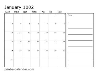 1002 Monthly Calendar with Notes