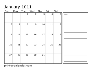 1011 Monthly Calendar with Notes