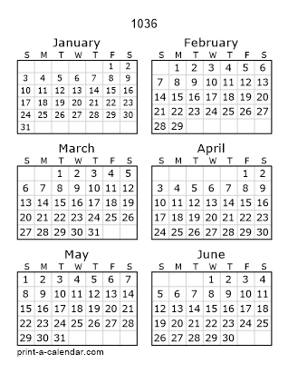 1036 Two Page Yearly Calendar | Six months per page