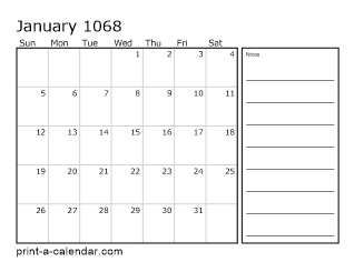 1068 Monthly Calendar with Notes