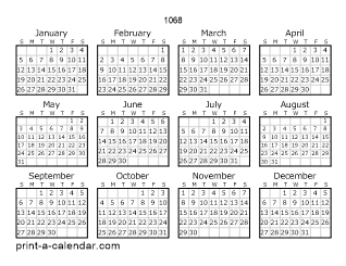 1068 Yearly Calendar | One page Calendar