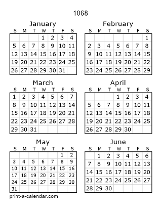 1068 Two Page Yearly Calendar | Six months per page