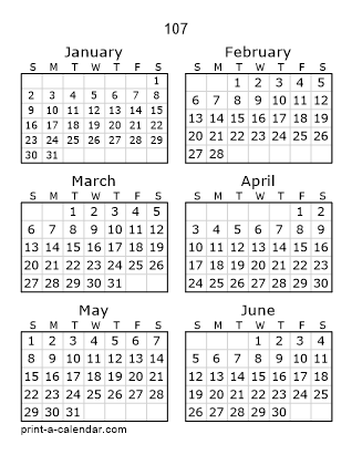 107 Two Page Yearly Calendar | Six months per page