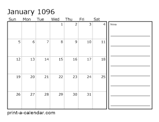 1096 Monthly Calendar with Notes