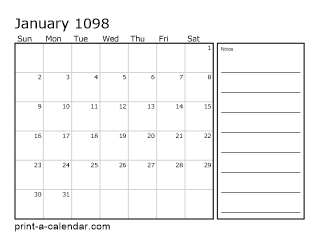 1098 Monthly Calendar with Notes