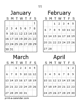 11 Three Page Yearly Calendar | Four months per page