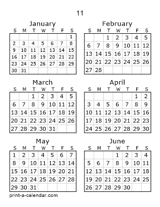 11 Two Page Yearly Calendar | Six months per page