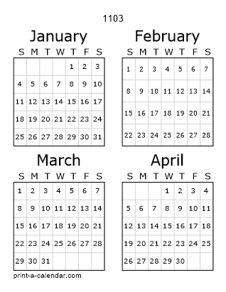 1103 Three Page Yearly Calendar | Four months per page