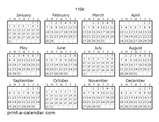 1104 Yearly Calendar | One page Calendar