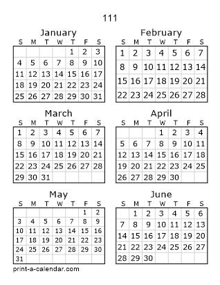 111 Two Page Yearly Calendar | Six months per page