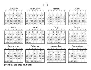 1119 Yearly Calendar | One page Calendar