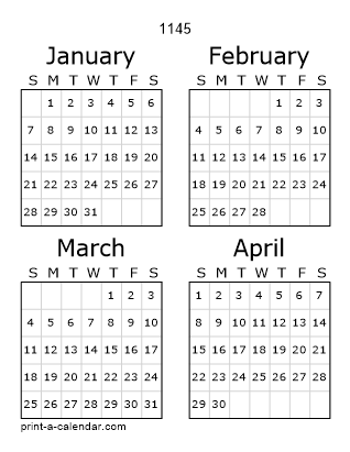 1145 Three Page Yearly Calendar | Four months per page