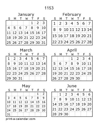 1153 Two Page Yearly Calendar | Six months per page