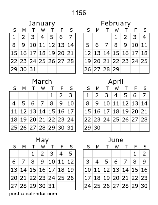 1156 Two Page Yearly Calendar | Six months per page