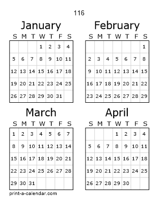 116 Three Page Yearly Calendar | Four months per page