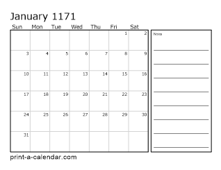 1171 Monthly Calendar with Notes