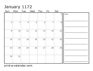 1172 Monthly Calendar with Notes