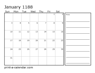 1188 Monthly Calendar with Notes