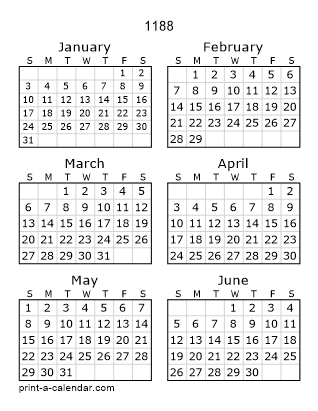 1188 Two Page Yearly Calendar | Six months per page