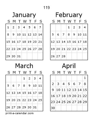 119 Three Page Yearly Calendar | Four months per page