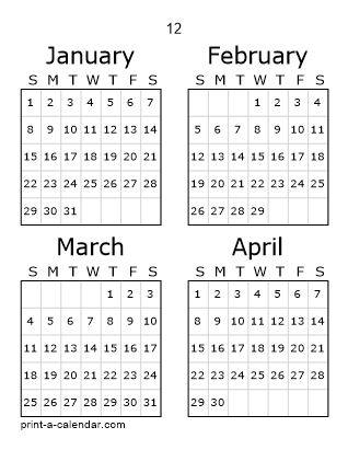 12 Three Page Yearly Calendar | Four months per page